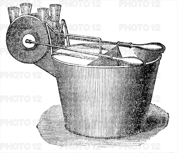 The patent cow-milker in the International Exhibition, 1862. Creator: Unknown.