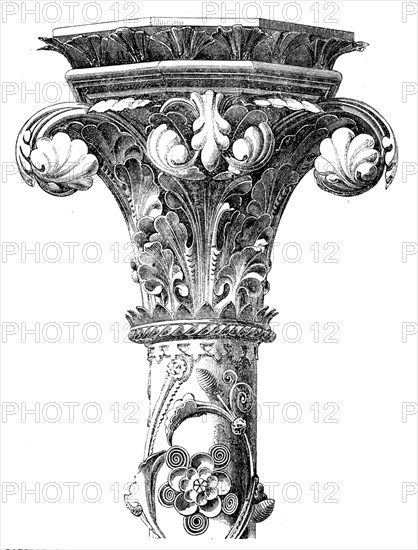 The International Exhibition: capital and portion of shaft of column from the Hereford Screen, 1862. Creator: Unknown.