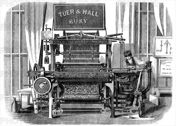 The International Exhibition: Tuer and Hall's power-loom for weaving carpets..., 1862. Creator: E Bourdelin.