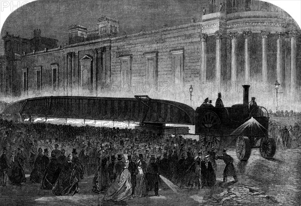 Bray's traction-engine drawing a girder...through the streets of London by night..., 1862. Creator: Unknown.