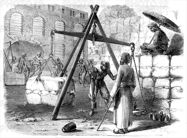 Weighing cotton at Bombay for the English market, 1862. Creator: Joseph Austin Benwell.