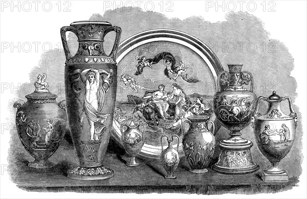 The International Exhibition: group of Wedgwood and majolica ware, by Wedgwood and Co., 1862. Creator: Unknown.