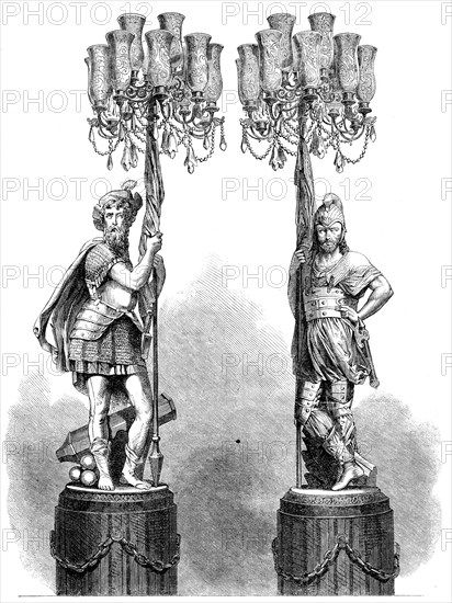 The International Exhibition: figures bearing candelabra, in the French Court..., 1862. Creator: Unknown.