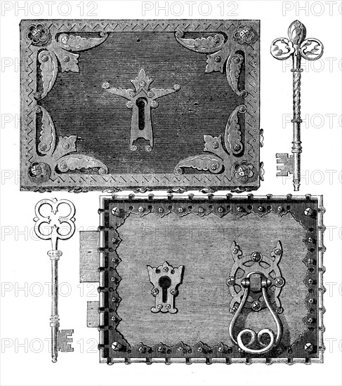 The International Exhibition: Hobbs and Ashley's gothic locks and keys, 1862. Creator: Unknown.