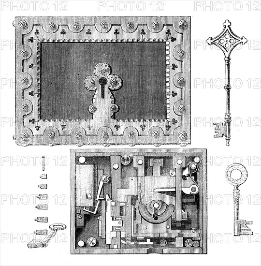 The International Exhibition: Hobbs's bank lock and key, 1862. Creator: Unknown.