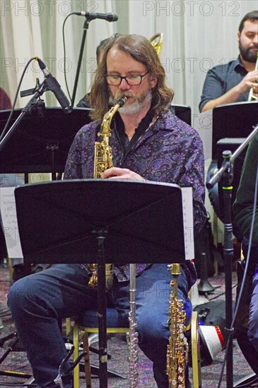 Martin Hathaway, Stan Sulzmann’s Neon Orchestra, Watermill Jazz Club, Dorking, Surrey, Nov 2023. Creator: Brian O'Connor.