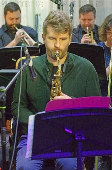 Matt Sulzmann, Stan Sulzmann’s Neon Orchestra, Watermill Jazz Club, Dorking, Surrey, Nov 2023. Creator: Brian O'Connor.