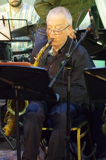 Pete Hunt, Stan Sulzmann’s Neon Orchestra, Watermill Jazz Club, Dorking, Surrey, Nov 2023. Creator: Brian O'Connor.