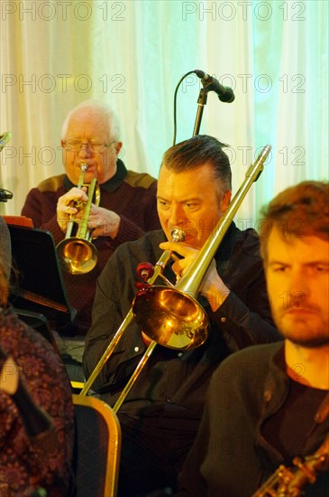 Trevor Mires and Henry Lowther, Stan Sulzmann’s Neon Orchestra, Watermill Jazz Club, Dorking, 2023. Creator: Brian O'Connor.