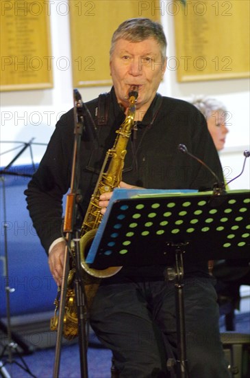 Stan Sulzmann, Stan Sulzmann’s Neon Orchestra, Watermill Jazz Club, Dorking, Surrey, Nov 2023. Creator: Brian O'Connor.