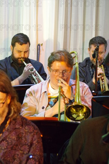 Harry Maund, Stan Sulzmann’s Neon Orchestra, Watermill Jazz Club, Dorking, Surrey, Nov 2023. Creator: Brian O'Connor.