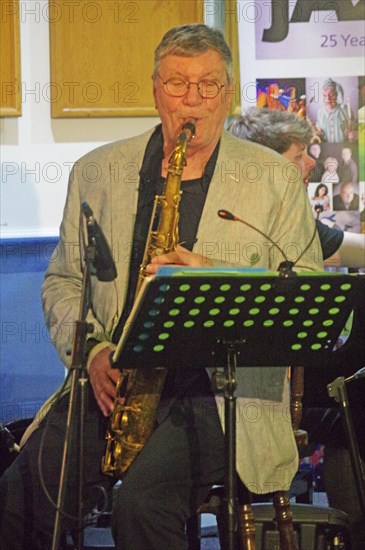 Stan Sulzmann, Stan Sulzmann’s Neon Orchestra, Watermill Jazz Club, Dorking, Surrey, Nov 2023. Creator: Brian O'Connor.