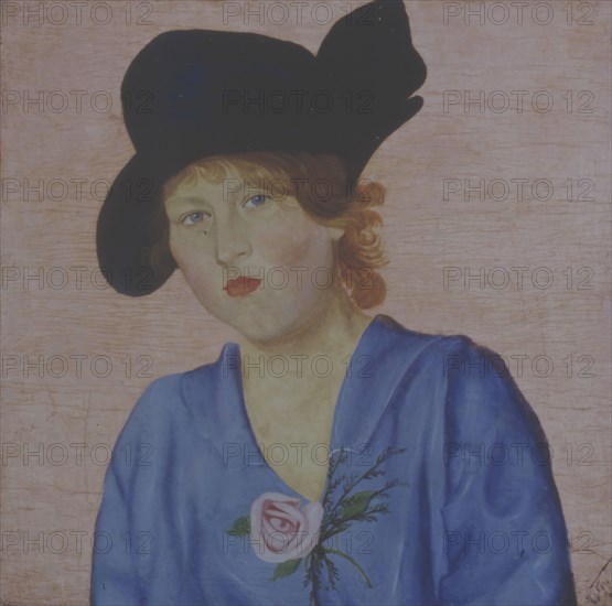 Portrait of a Lady wearing a blue hat. Creator: Popov, Nikolai Nikolayevich (1890-1953).