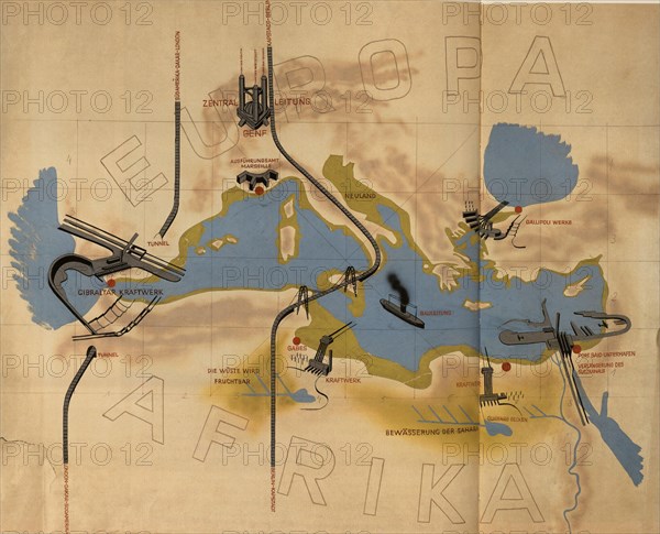 Illustration of the Atlantropa Project. Exhibition flyer, 1932. Creator: Sörgel, Herman (1885-1952).
