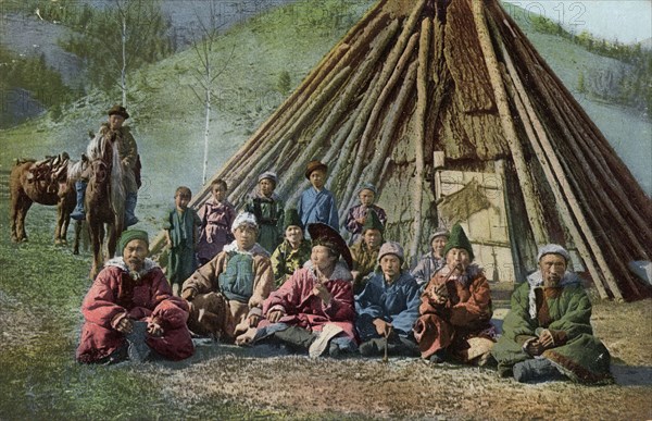 Group of Altai Beside a Dwelling (Chaadyr), Katun River Valley, 1911-1913. Creator: Sergei Ivanovich Borisov.