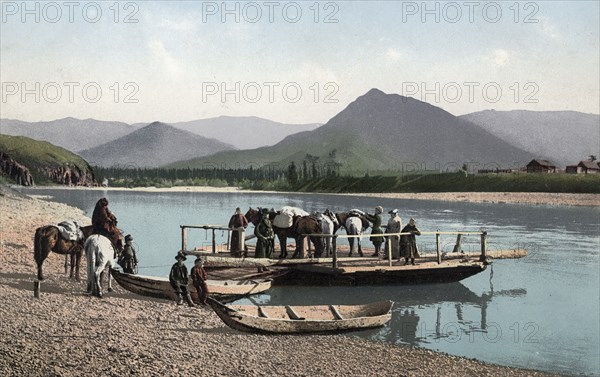 Ferry on the Katun River near the Village of Nizhny Uymon, 1911-1913. Creator: Sergei Ivanovich Borisov.