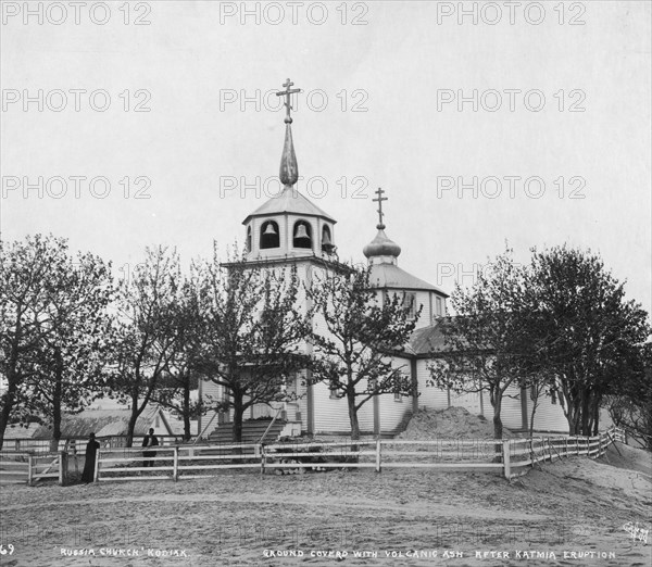 Russian church with ground covered with volcanic ash after Katmia [i.e. Mount Katmai] eruption, 1912 Creator: Eric A. Hegg.