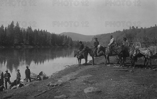 The Land-Management Expedition Boats and Horses on the Mrassu River Shore, Near the Ulus..., 1913. Creator: GI Ivanov.