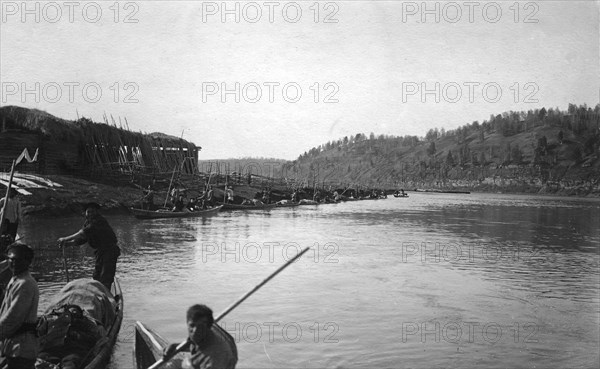 Members of the Land-Management Expedition on the Boats on the Tom' River, Between..., 1913. Creator: GI Ivanov.