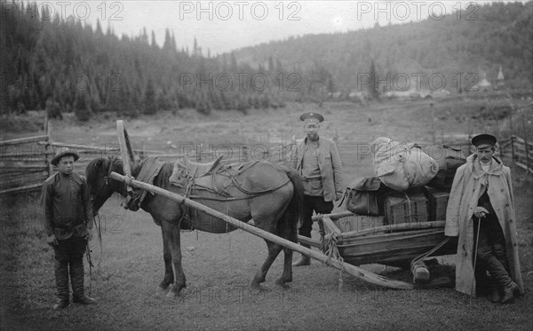 Moving the Expedition Equipment on the Drag Harrow, Near the Ust'-Anzas Ulus, 1913. Creator: GI Ivanov.