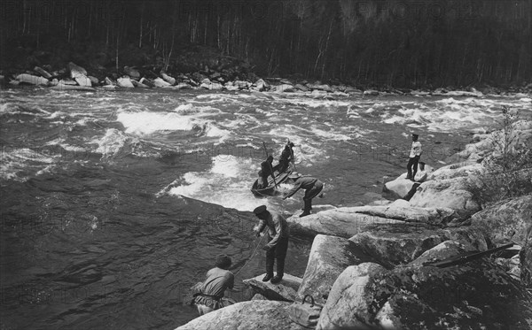 A Land-Management Expedition Boat Passing a Mrassu River Rapids, 1913. Creator: GI Ivanov.