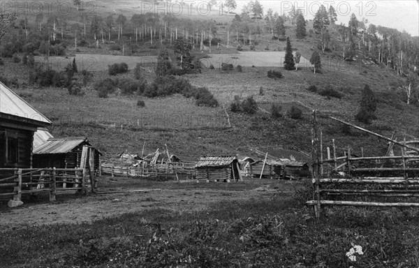Farm Structures in the Ulus Kumys and a Ploughed Field on the Slope, 1913. Creator: GI Ivanov.