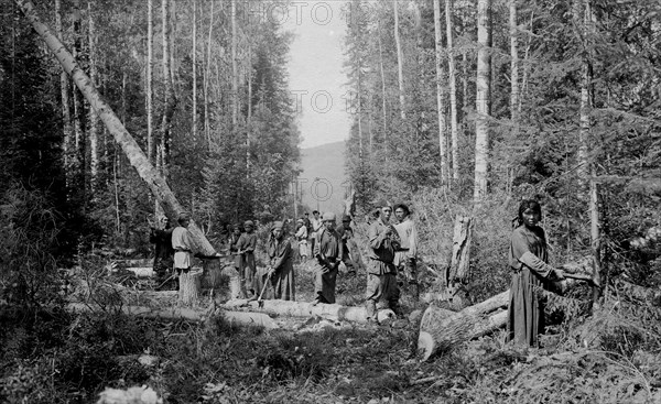 Shoria Men and Women Working on Cutting in the Woods, 1913. Creator: GI Ivanov.