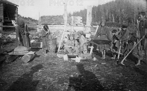 The Shors demonstrate the main tools for cultivating the land (hoe - "abyl", harrow) and..., 1913. Creator: GI Ivanov.