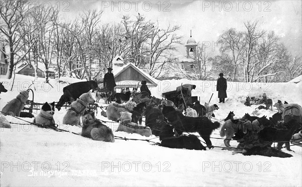 Petropavlovsk-Kamchatsky in winter; dog sleds against the backdrop of the Peter and Paul..., 1910-19 Creator: Ivan Emelianovich Larin.