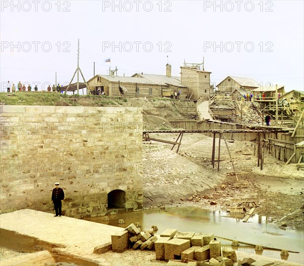 Dam's slender abutment and part of the finished sill, Beloomut, 1912. Creator: Sergey Mikhaylovich Prokudin-Gorsky.