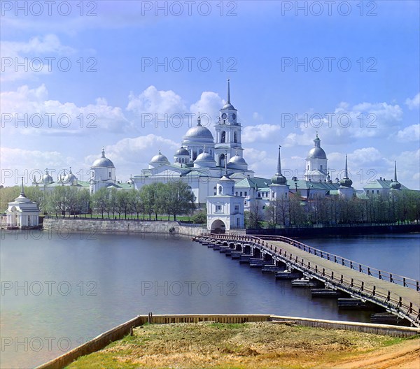 View of the monastery from Svetlitsa [Island, Saint Nil Stolbenskii Monastery, Lake Seliger], 1910. Creator: Sergey Mikhaylovich Prokudin-Gorsky.