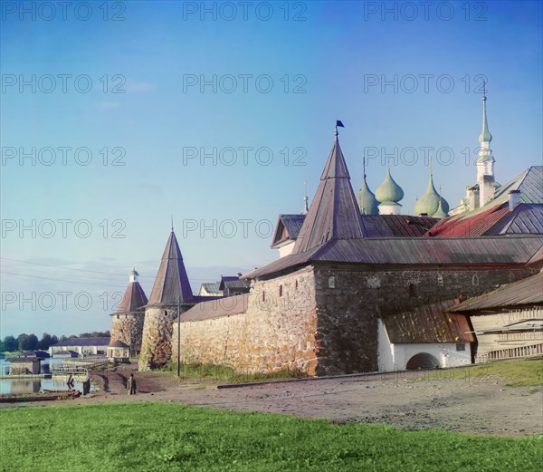 View of the Solovetsky Monastery from land, Solovetski Islands, 1915. Creator: Sergey Mikhaylovich Prokudin-Gorsky.