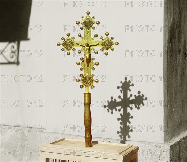 Altar cross with a rock crystal decoration; a gift from Emperor Alexander II. Borodino, 1911. Creator: Sergey Mikhaylovich Prokudin-Gorsky.