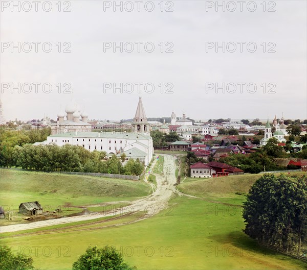General view of Suzdal with a cathedral from the bell tower of the Dimitrievskaia Church, 1912. Creator: Sergey Mikhaylovich Prokudin-Gorsky.