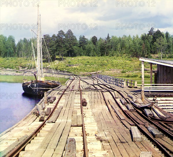 Railroad dam at the Lizhma Station, 1915. Creator: Sergey Mikhaylovich Prokudin-Gorsky.