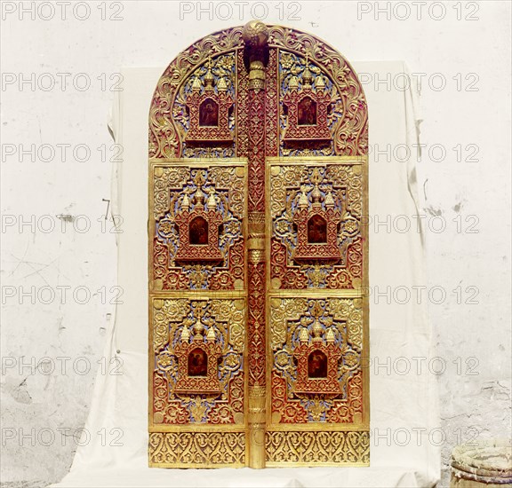 Carved wooden Holy Gates from the seventeenth century in the Rostov museum, Rostov Velikii, 1911. Creator: Sergey Mikhaylovich Prokudin-Gorsky.