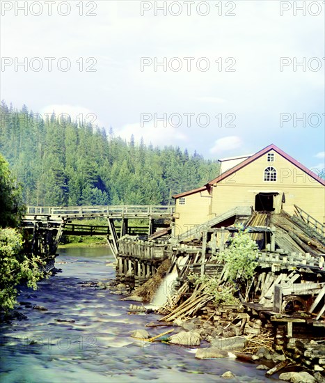 Sawmill on the Kumsa River near the Medvezhia Gora Station, 1915. Creator: Sergey Mikhaylovich Prokudin-Gorsky.