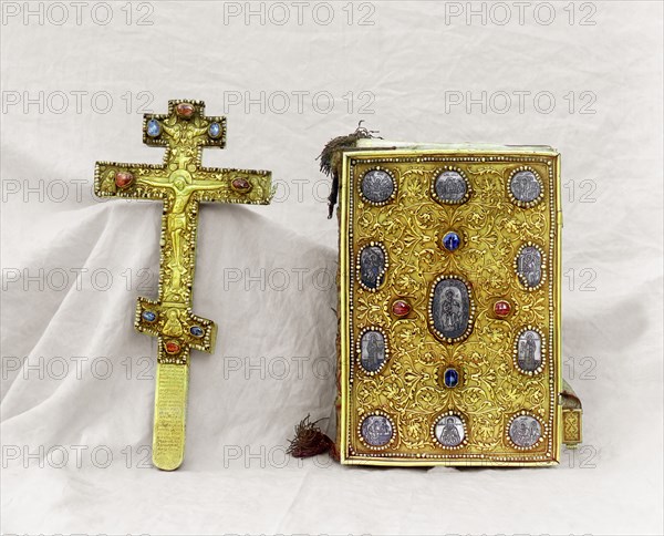 Cross and the Gospel; gift from Tsar Mikhail Feodorovich, vestry of the Assumption Cathedral...1911. Creator: Sergey Mikhaylovich Prokudin-Gorsky.