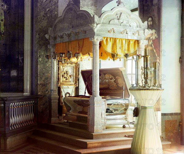 Sepulchre of the Venerable Dimitrii Rostovskii with relics, Yakovlevsky Savior ..., 1911. Creator: Sergey Mikhaylovich Prokudin-Gorsky.