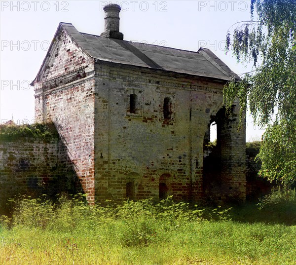 Very old stone building in the garden of the Rostov Kremlin, which according to legend..., 1911. Creator: Sergey Mikhaylovich Prokudin-Gorsky.