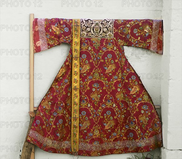 Surplice sewn by tsarevnas, the sisters of Peter the Great, Trinity Monastery, Aleksandrov, 1911. Creator: Sergey Mikhaylovich Prokudin-Gorsky.