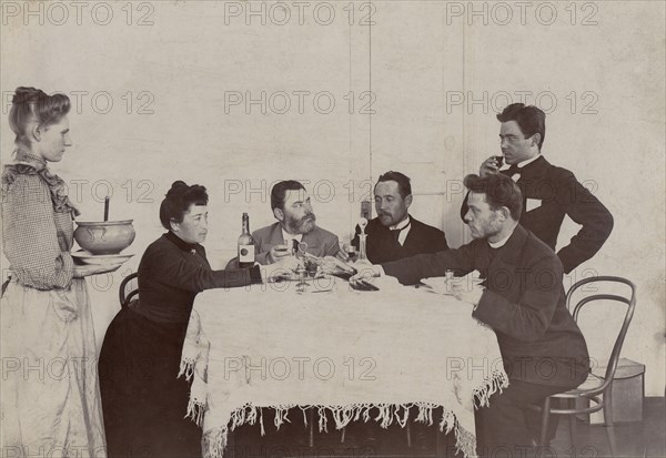 Homemade meal; acquaintances of the Irkutsk merchant V.M. Posokhin, 1910-1919. Creator: Unknown.