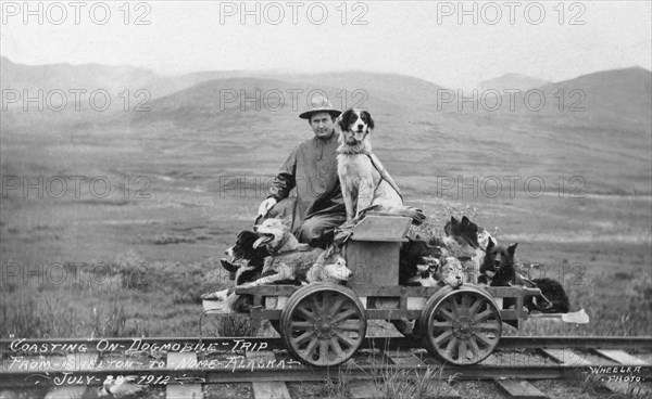 Man and dogs on rail cart trip from Shelton to Nome, 1912. Creator: Unknown.