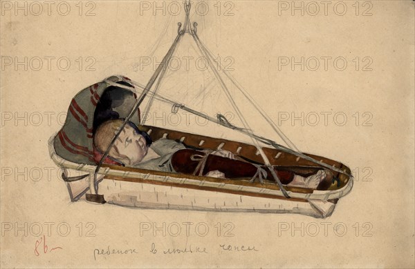 A child in a birch bark cradle, Selkups, 1920. Creator: A. G. Vargin.