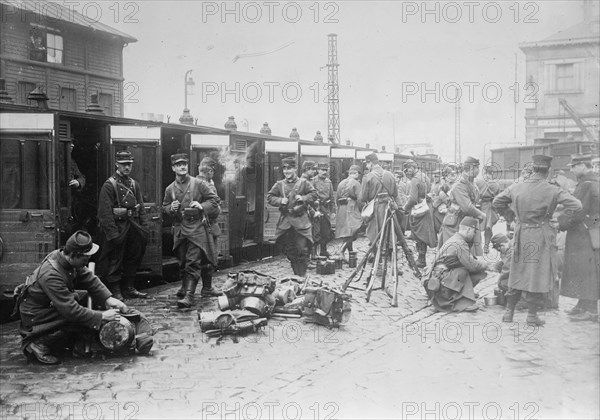 French troops leaving train, between c1914 and c1915. Creator: Bain News Service.