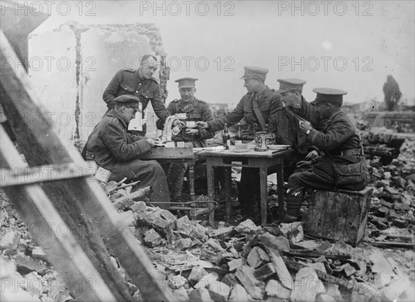 British officers' luncheon in wrecked village, 1917 25 April 1917. Creator: Bain News Service.