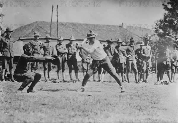 Y.M.C.A. hut in France, soldiers' ball game, 1917 or 1918. Creator: Bain News Service.