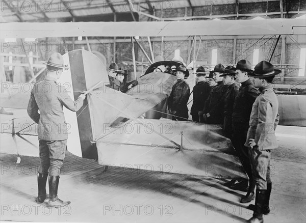 Studying aeroplane [i.e. airplane] rudder, 1917 or 1918. Creator: Bain News Service.
