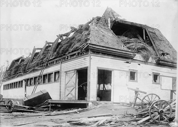 Cow barn unroofed, Geneva, N.Y., Cyclone, between c1910 and c1915. Creator: Bain News Service.