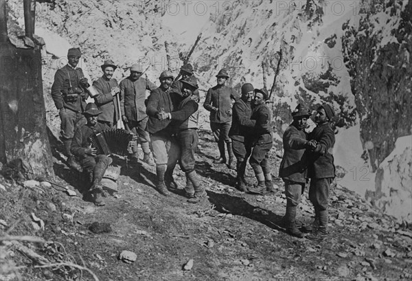 Italian soldiers' amusements at mountain outpost, between c1915 and c1920. Creator: Bain News Service.